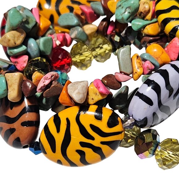Safari Animal Print Stones Multicolor Gemstones Chunky Beaded Stretch Bracelet - Picture 3 of 6